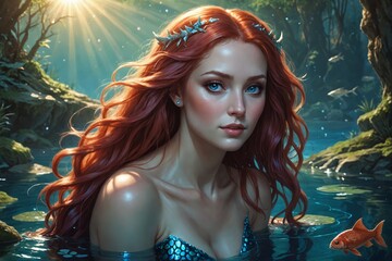 Mythical Serenity: Mermaid Seated on Underwater Rock Amidst Marine Life