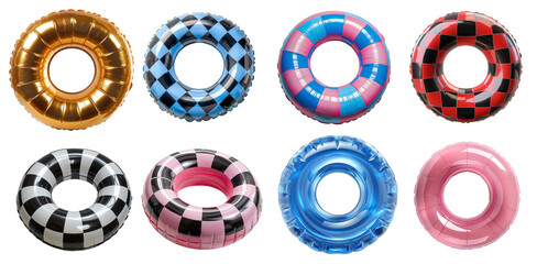 Set of inflatable rings on transparent background. Swimming pool rings with checkered and striped patterns. Pink, blue and golden float circles - obrazy, fototapety, plakaty