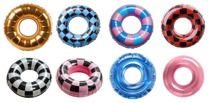 Set of inflatable rings on transparent background. Swimming pool rings with checkered and striped patterns. Pink, blue and golden float circles
