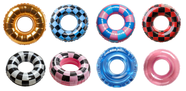 Set of inflatable rings on transparent background. Swimming pool rings with checkered and striped patterns. Pink, blue and golden float circles