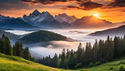 Enchanting sunset over majestic mountains with misty forest, suitable for tranquil and scenic backgrounds