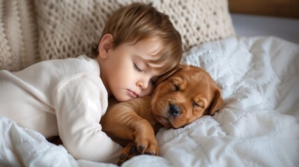 A peaceful scene of a young child napping with their beloved pet, showcasing the bond between kids and animals and emphasizing the importance of pet care and wellness.