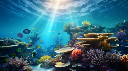 Underwater panorama of coral reef with tropical fish. Underwater world.