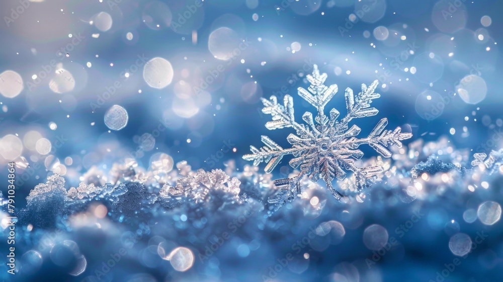 Poster close-up of unique snowflake on snowy ground