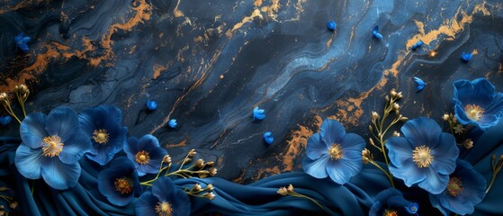 Fototapeta na wymiar A deep sapphire marble background complemented by sapphire blue silk and scattered bluebell flowers.