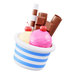 Colorful 3D Rendered Ice Cream with Cherries and Chocolate