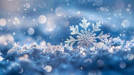 Fototapeta na wymiar Close-up of unique snowflake on snowy ground