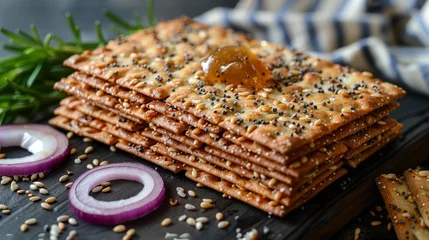 Foto op Plexiglas   A stack of crackers on a cutting board, adjacent to onion slices and an onion slice atop them © Alice