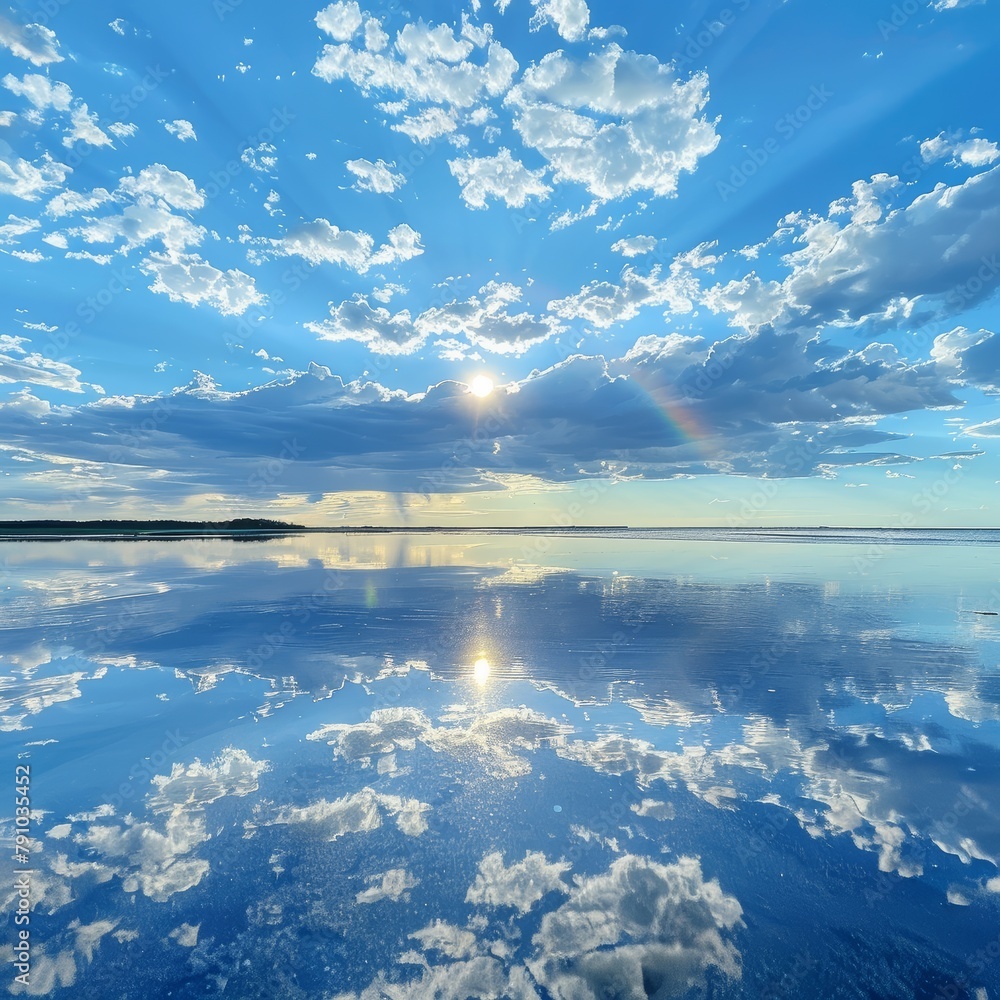Poster the sky is blue with clouds and the sun is shining. the water is calm and the reflection of the clou