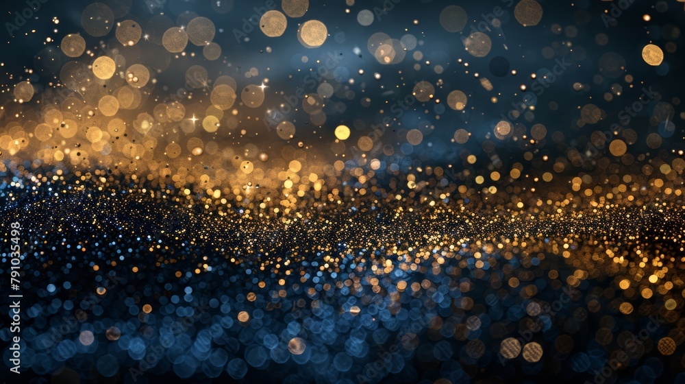 Poster a blurry image of gold and blue sparkles. the image is of a starry night sky with a blue and gold ba