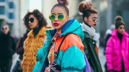 Stylish Women in Colorful Winter Fashion on City Street