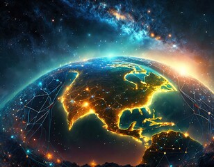 The planet is surrounded by a network of glowing lights