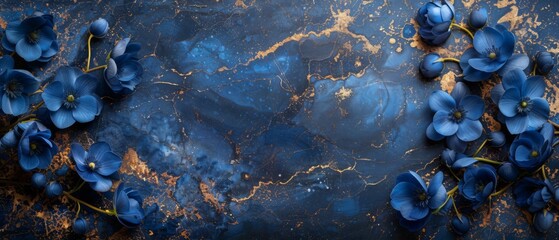 A royal blue marble canvas, traced with gold veins, accented with blue delphinium petals and ribbons of dark blue silk.