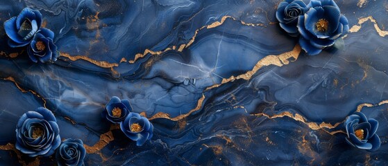 A royal blue marble canvas, traced with gold veins, accented with blue delphinium petals and ribbons of dark blue silk. - obrazy, fototapety, plakaty