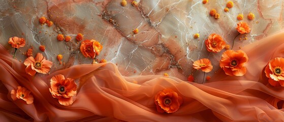 A rustic orange marble canvas veined with gold, adorned with orange marigold petals and terracotta silk.