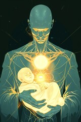 A glowing white humanoid figure holding a magically glowing newborn baby in front of his chest