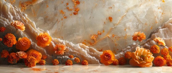 A rustic orange marble canvas veined with gold, adorned with orange marigold petals and terracotta silk.