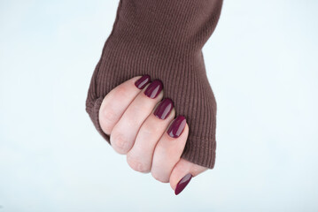 Woman's hand in brown sweater with trendy blackberry color manicure on nails.