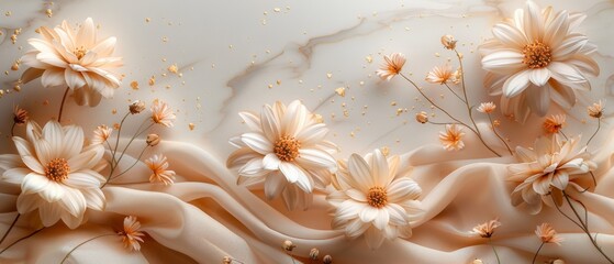 A warm beige marble background, infused with gold specks, decorated with creamy chrysanthemum flowers. 