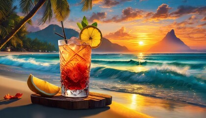 Refreshing cocktail on tropical beach with sunset in background
