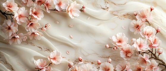 An elegant marble surface in soft ivory, veined with subtle gold overlaid with delicate pink cherry blossom petals.  - obrazy, fototapety, plakaty