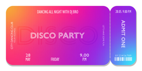 Bright event ticket template in disco style. For parties, concerts and other events in 80-s, 90-s style. Vector, can be used for web and print. Just add your text.