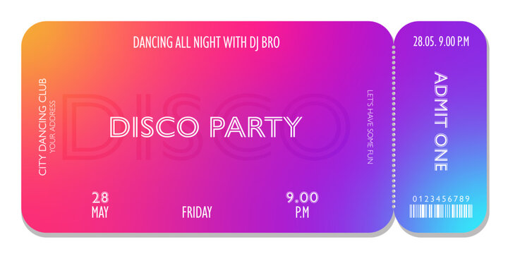 Bright event ticket template in disco style. For parties, concerts and other events in 80-s, 90-s style. Vector, can be used for web and print. Just add your text.