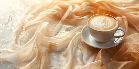 Cup of cappuccino with heart-shaped latte art on a silky beige fabric with sparkling glitters