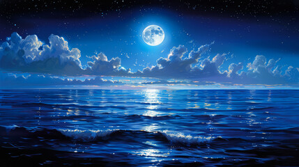   A painting of the tranquil ocean at night, reflecting the full moon's radiant glow above the water's surface, accompanied by ethereal clouds in the sky
