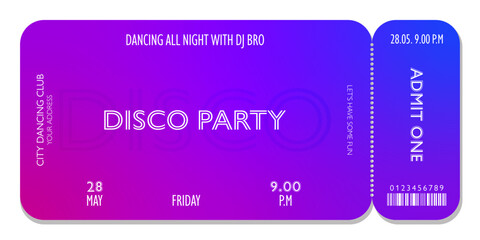 Stylish event ticket template in neon disco style. For parties, concerts and other events in 80-s, 90-s style. Vector, can be used for web and print. Just add your text.