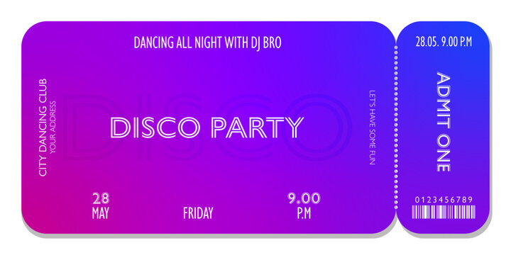 Stylish event ticket template in neon disco style. For parties, concerts and other events in 80-s, 90-s style. Vector, can be used for web and print. Just add your text. - Powered by Adobe