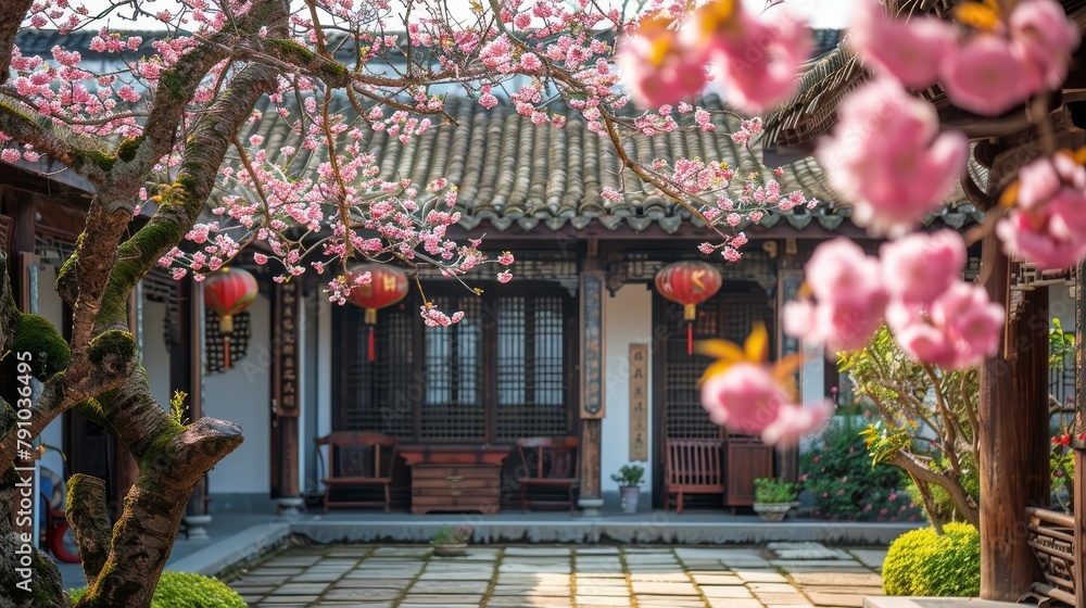 Poster a courtyard with a tree in the middle and pink flowers on the ground. the courtyard is surrounded by