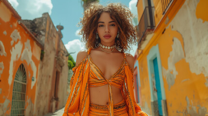 Confident Young Woman Posing in Vibrant Urban Setting