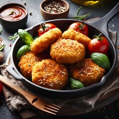 A close up of a pan of food with tomatoes and other ingredients, chicken nuggets