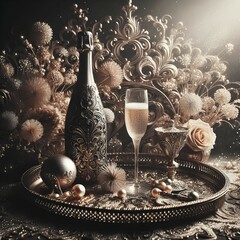 A close up of a tray with a glass of wine and a bottle, charcoal and champagne, intricate sparkling atmosphere, champagne on the table, glamorous composition
