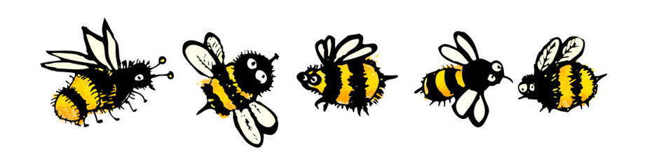 Set of cute funny bees. child drawing . hand drawing. Not AI. Vector illustration.