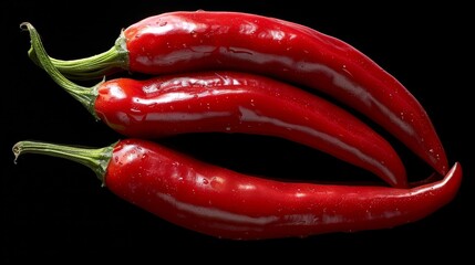   Three red peppers against a black backdrop, with a teardrop of water atop and base
