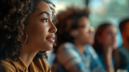 Obraz premium Attentive Young Woman Listening During Group Meeting in Modern Office