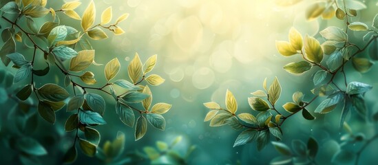 Embrace the renewal of nature with a bokeh background of fresh green leaves and sunlight filtering through. painted in watercolor, Double exposure. - obrazy, fototapety, plakaty