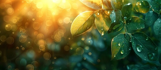 Embrace the renewal of nature with a bokeh background of fresh green leaves and sunlight filtering through. painted in watercolor, Double exposure. - obrazy, fototapety, plakaty