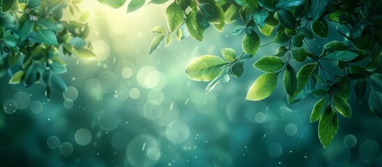Embrace the renewal of nature with a bokeh background of fresh green leaves and sunlight filtering through. painted in watercolor, Double exposure.  - obrazy, fototapety, plakaty