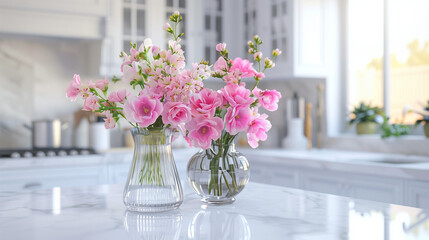 Pink Flowers in vase on the kitchen countertop in interior