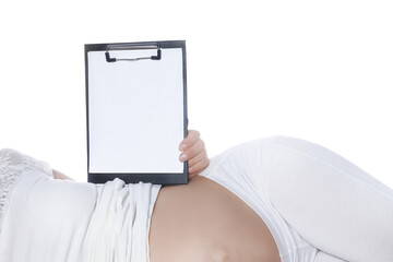 Happy pregnant girl lies on white background - 791037695