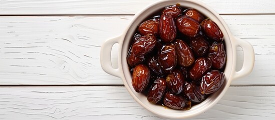 Top view of a dish filled with pitted dates placed on a white wooden surface. - obrazy, fototapety, plakaty