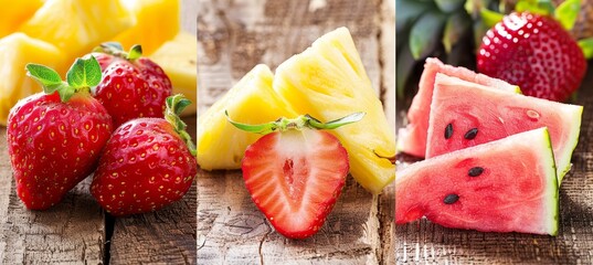 Vibrant tropical triptych  strawberry, watermelon, and pineapple, a burst of brightness and aromas