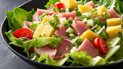 Hawaiian salad with ham, pineapple, coleslaw, small onions, lettuce, tomatoes, crispy cucumbers and light dressing.