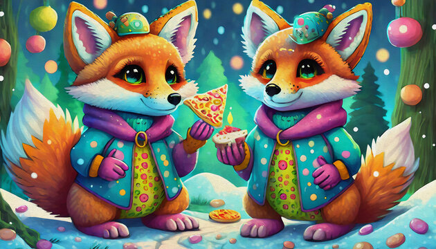 oil paint style cartoon character  Baby red fox in the snow eat pizza
