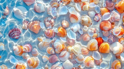 Seamless summer sea with a beautiful and enchanting multicolored natural animal shell background - obrazy, fototapety, plakaty