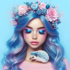 A girl with blue hair holds a hedgehog in her hands. - 791038474