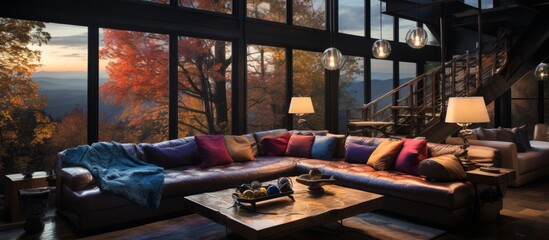 High-quality craftsmanship extends to custom furniture pieces and artisanal accents in this mountain cabin painted with oil Double exposure